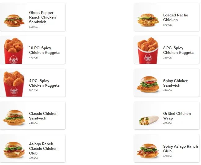 Wendy's Chicken, Nuggets & More Menu