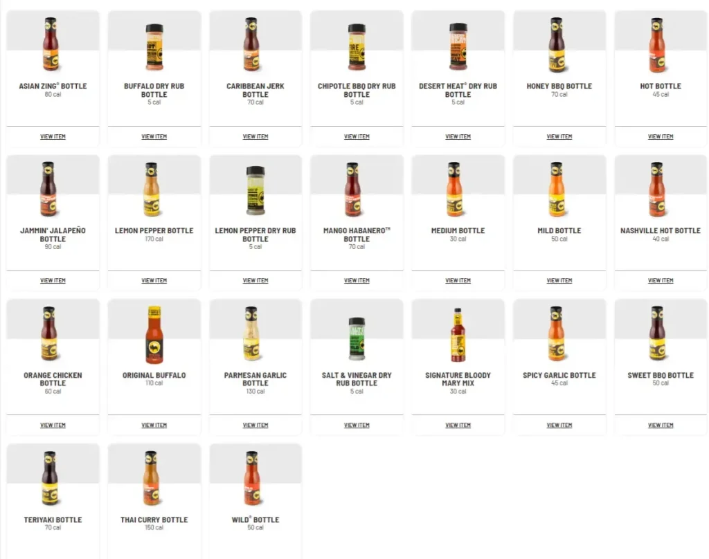 Buffalo Wild Wings Bottled Flavors Menu