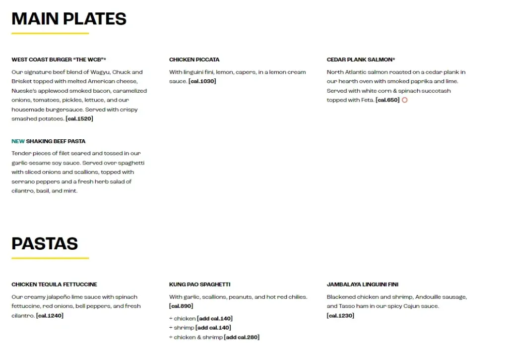 CPK Main Plates + Pastas Menu