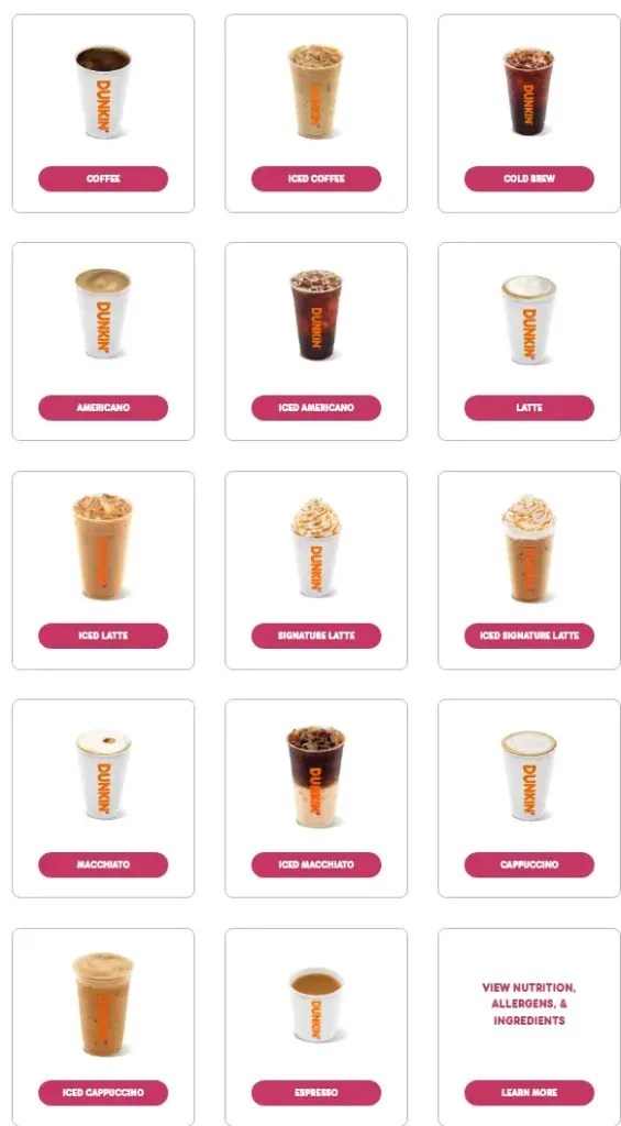 Dunkin Donuts Iced Drinks Menu