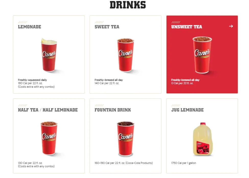 Raising Cane's Drinks Menu