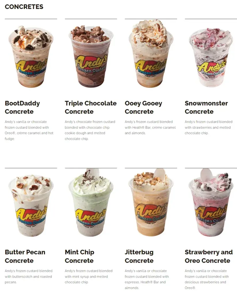 Andy's Frozen Custard Concretes Menu