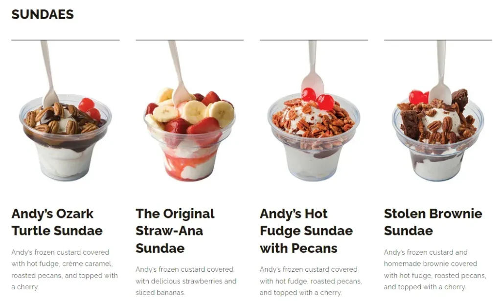 Andy's Frozen Custard Sundaes Menu